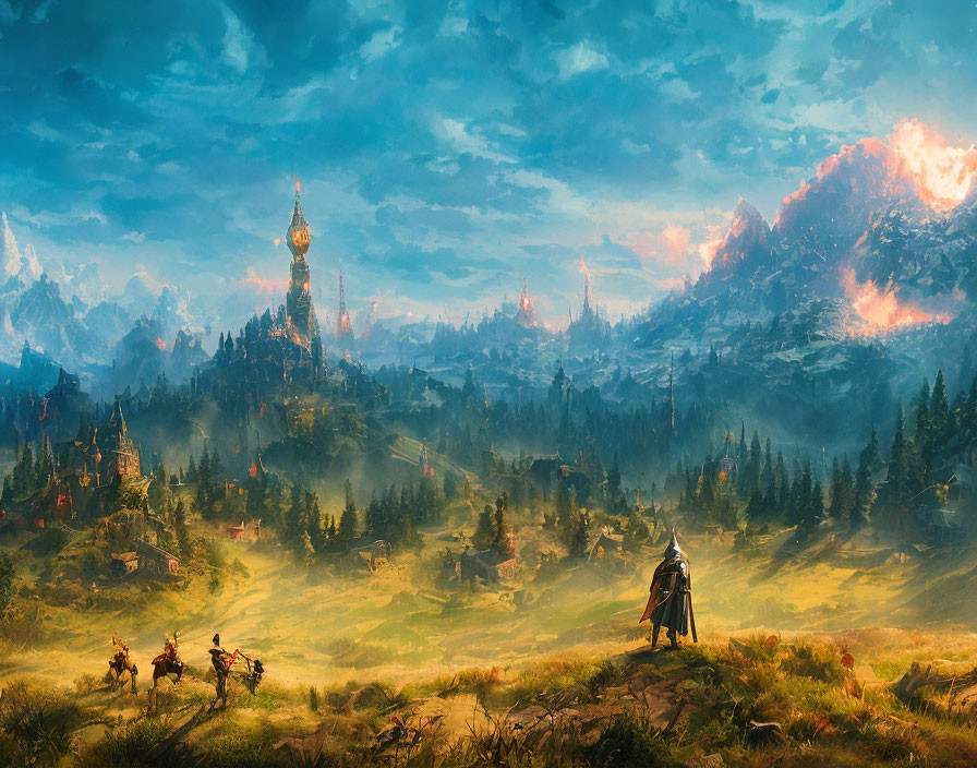 Majestic fantasy landscape with cloaked figure and riders overlooking spire city and mountains