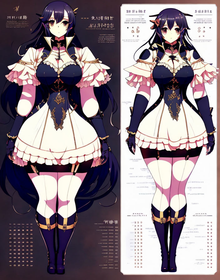 Anime character with long purple hair, yellow eyes, black and white dress, gold accents.