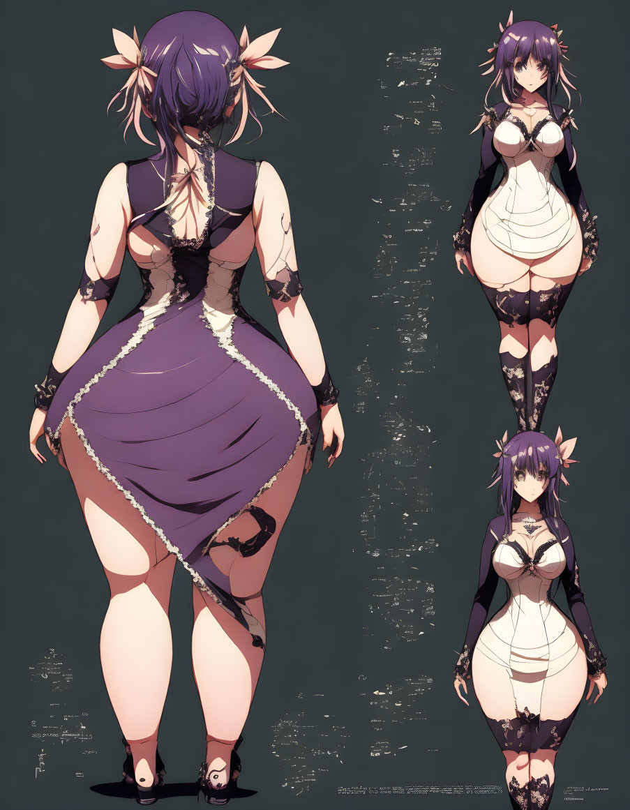 Purple-Haired Anime Character in Gothic Outfit, Multi-Angle Views