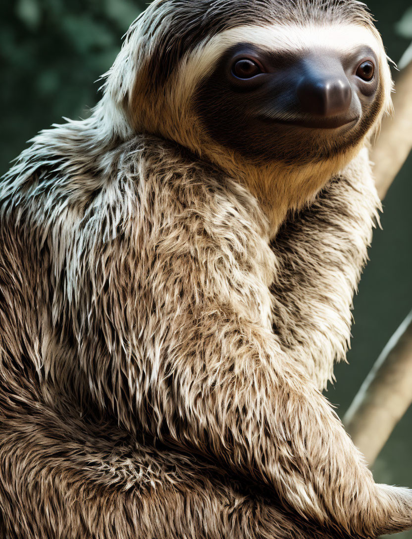 Sloth with shaggy fur gazing forward on branch with foliage.