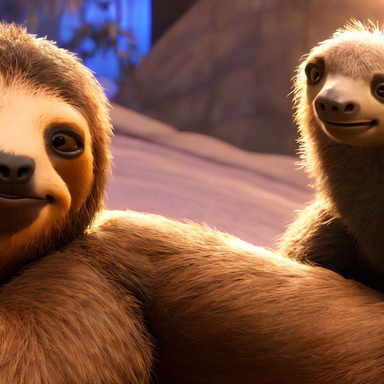 Close-up of two animated sloths with expressive faces and thick fur against a dusk-lit background