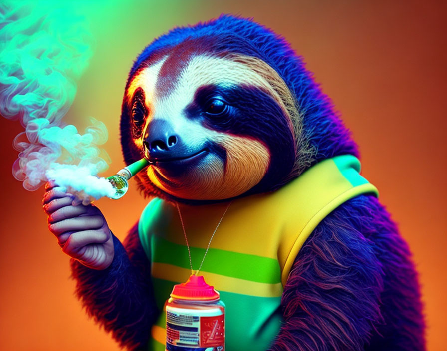 Colorful Neon Backdrop Sloth Art with Tank Top, Smoking, Medallion, and Drink