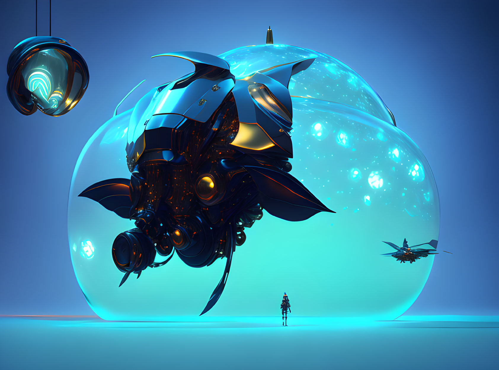 Futuristic armored beetle vehicle in translucent dome with person and aircraft under blue light