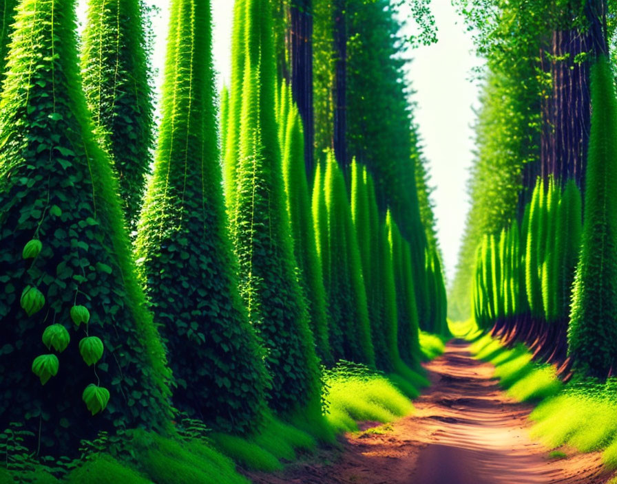 Scenic green pathway with towering trees and sunlight filtering through foliage