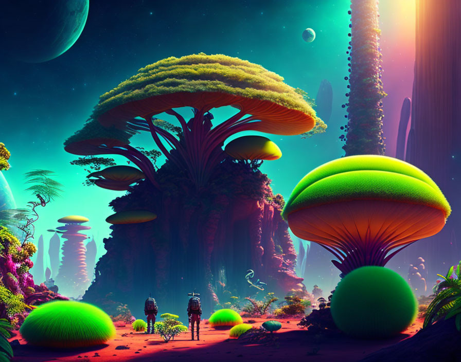 Colorful Alien Landscape with Giant Mushroom Flora and Explorers