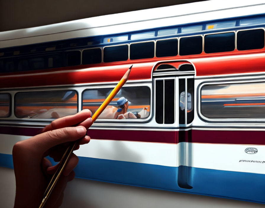 Hand holding pencil erasing train windows in hyperrealistic painting