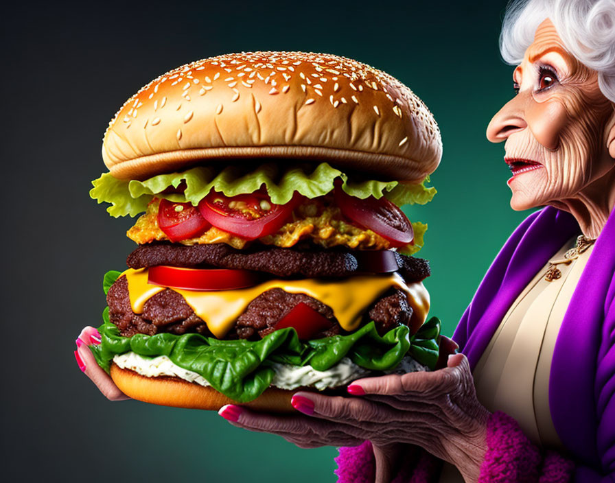 Elderly lady holding a gigantic layered cheeseburger