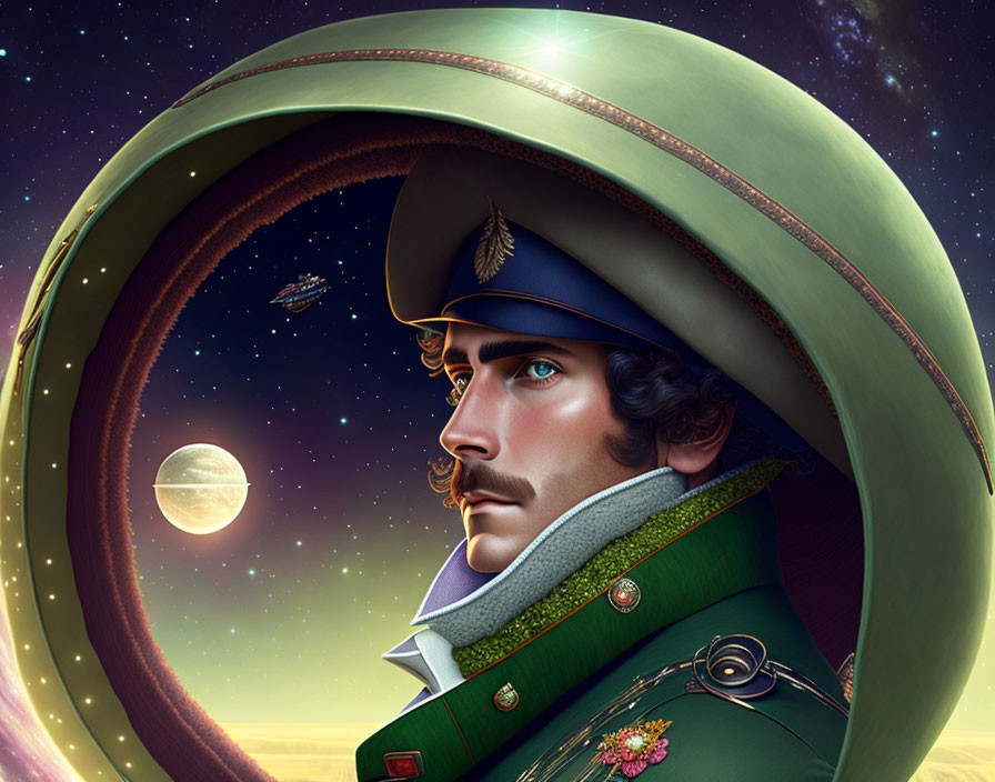 Illustrated man in military uniform under cosmic sky