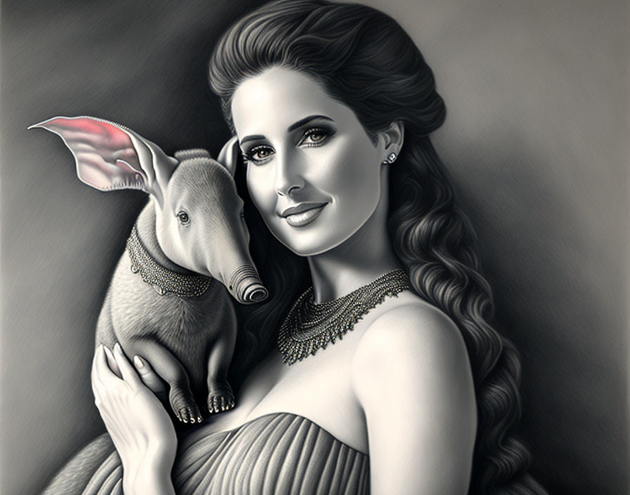 Monochrome illustration of smiling woman with wavy hair holding delicate aardvark.