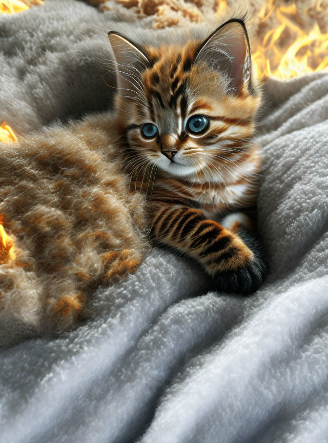 Tabby kitten with blue eyes on grey blanket by fireplace