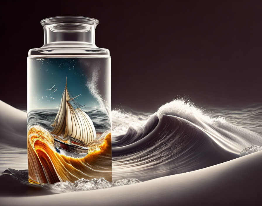 Surreal ship sailing in bottle with ocean backdrop