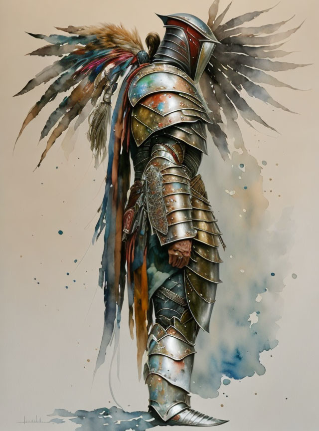 Medieval knight armor merges with Native American headdress in unique painting