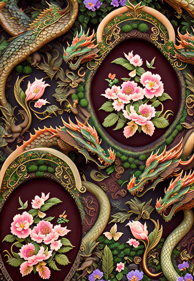 Intricate symmetrical dragon and floral illustration on dark background