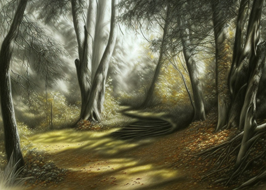 Tranquil forest scene with winding path, sunlight, and autumn leaves