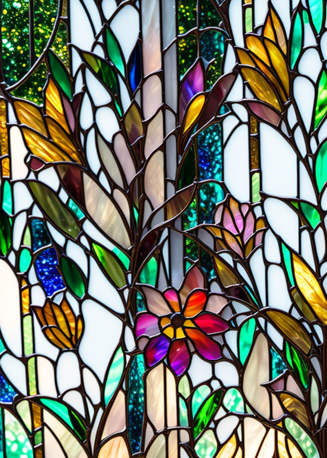 Colorful stained glass window with floral and foliage patterns