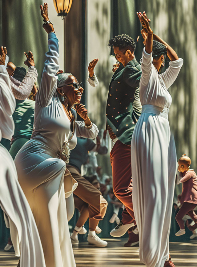 Elegantly Dressed People Dancing Joyfully in Sunlit Room