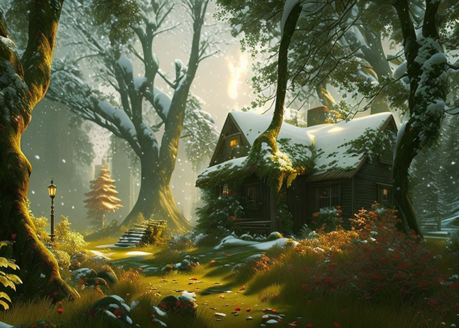 Winter Cottage Scene: Cozy Cabin in Snowy Forest