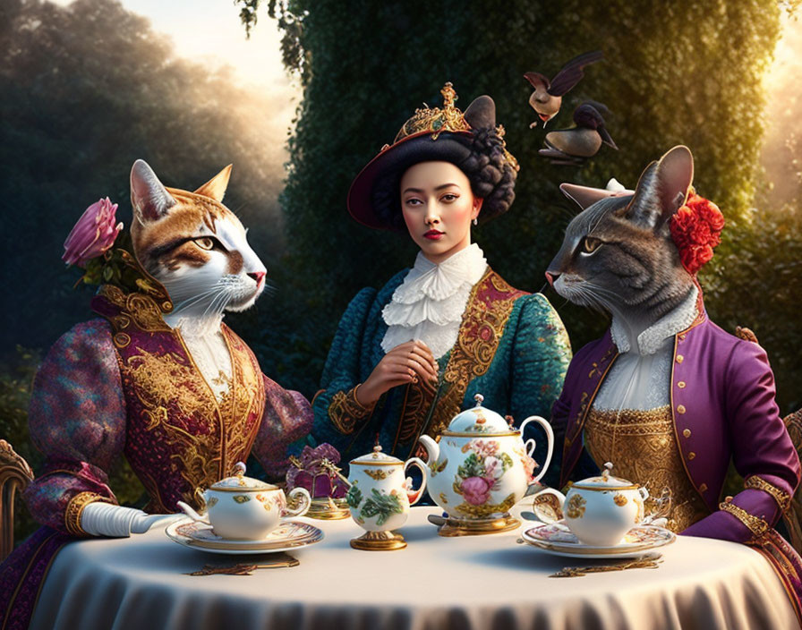 Historical woman with cats in aristocratic attire at tea party in forest