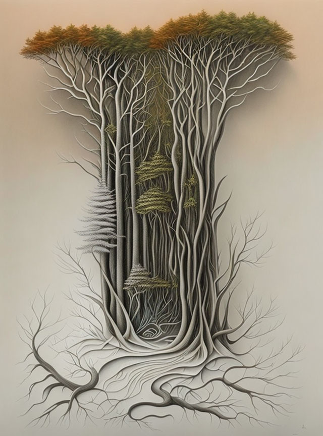 Surreal forest painting on elongated tree trunk