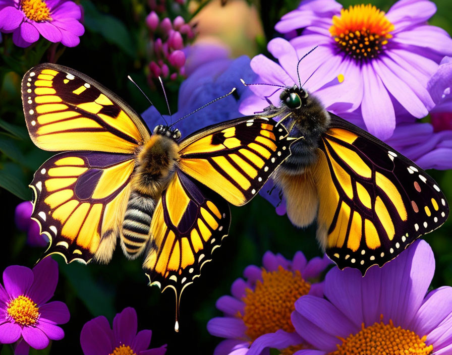 Vibrant yellow and black butterflies on purple flowers with green foliage