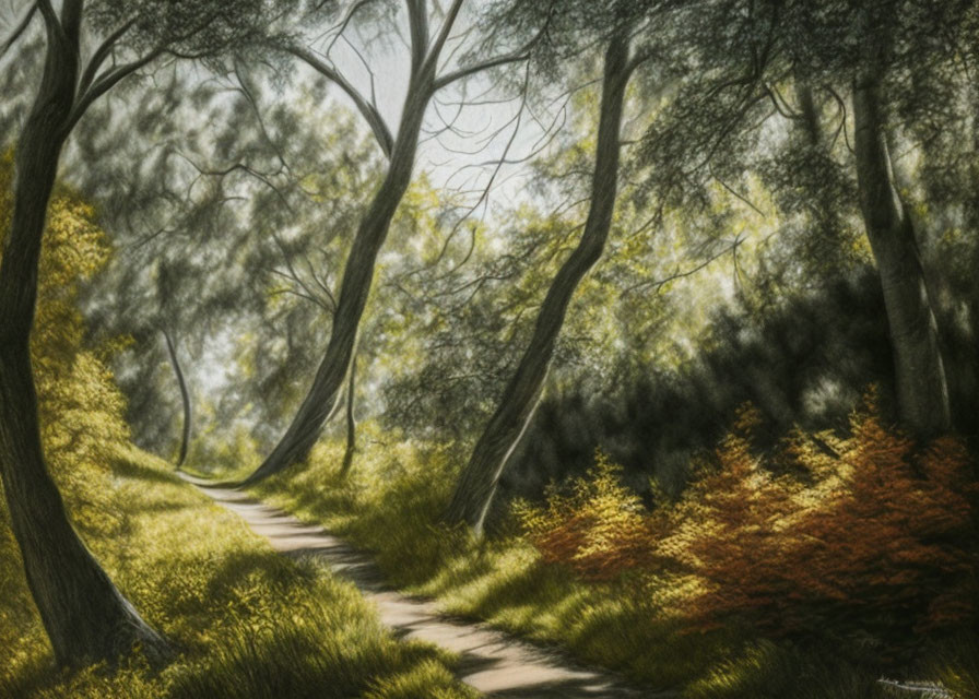 Tranquil forest pathway with lush green trees and sunlight filtering through