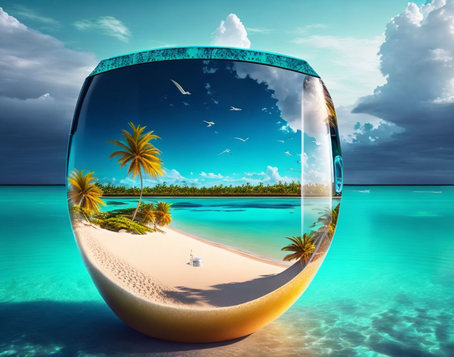 Tropical beach and palm trees in oversized glass fishbowl