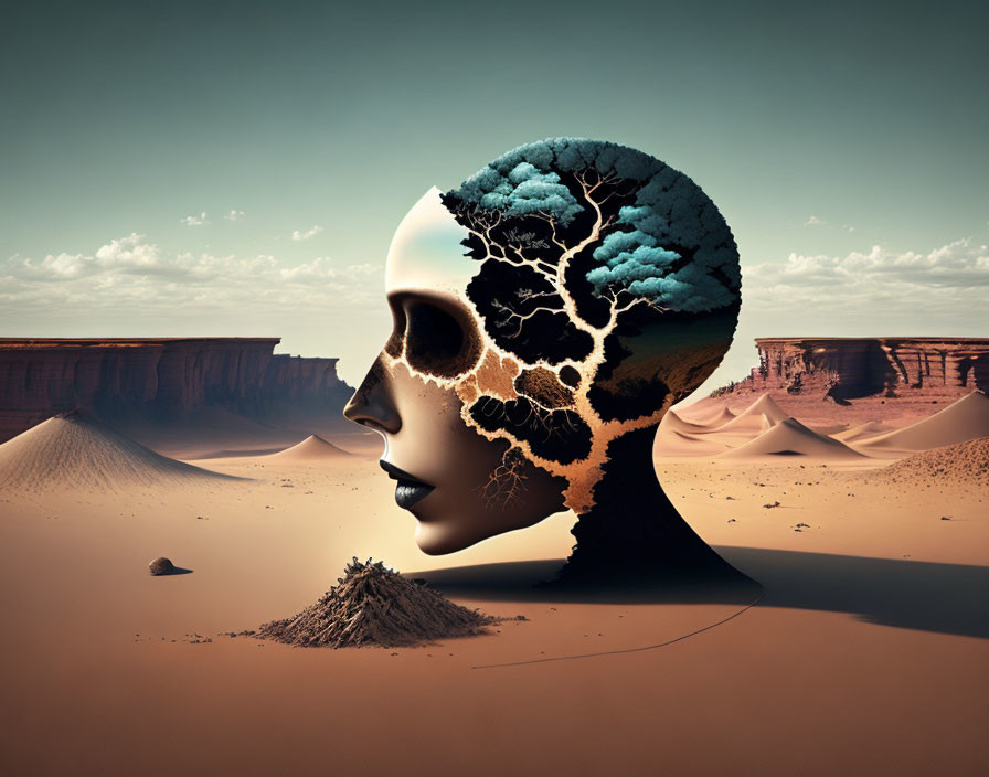 Surreal humanoid face with skull and brain-tree branches in desert landscape