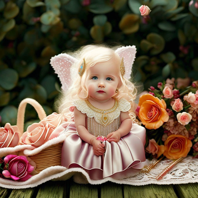 Blonde Angel Doll with Pink Dress Among Roses