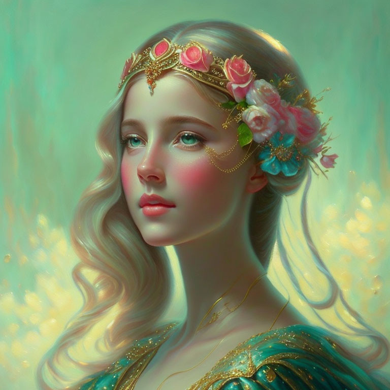 Digital artwork: Woman with floral crown, golden tiara, rosy cheeks, wavy hair on