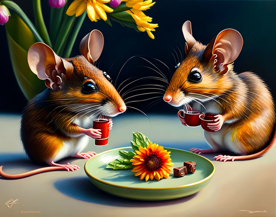 Whimsical animated mice with tiny mugs and flower plate