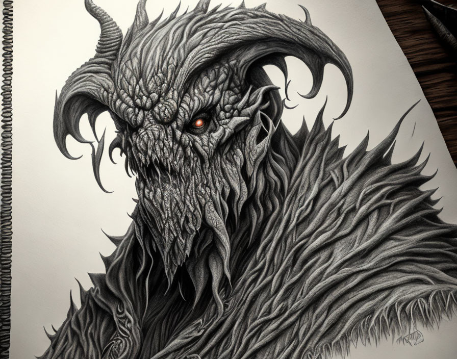 Detailed Drawing of Sinister Creature with Sharp Horns and Red Eyes