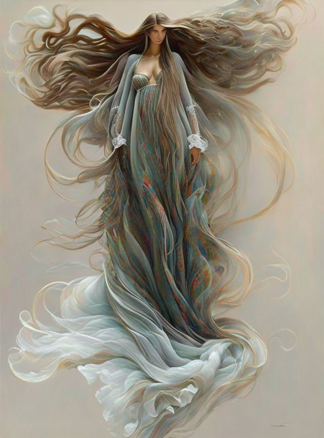 Ethereal woman with long flowing hair and dress in serene setting