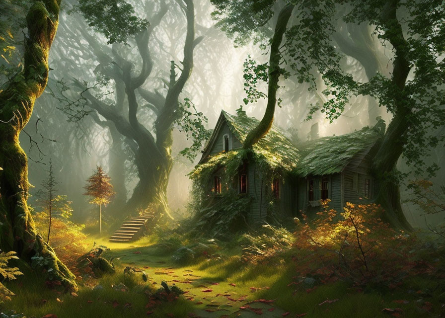 Sunlit mystical forest with old cottage and ancient trees.