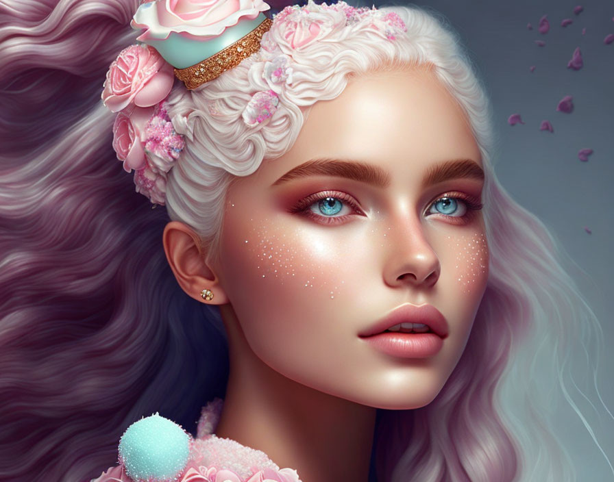 Woman with Pale Skin, Blue Eyes, Wavy Hair, Pink Flowers, and Tiara Portrait