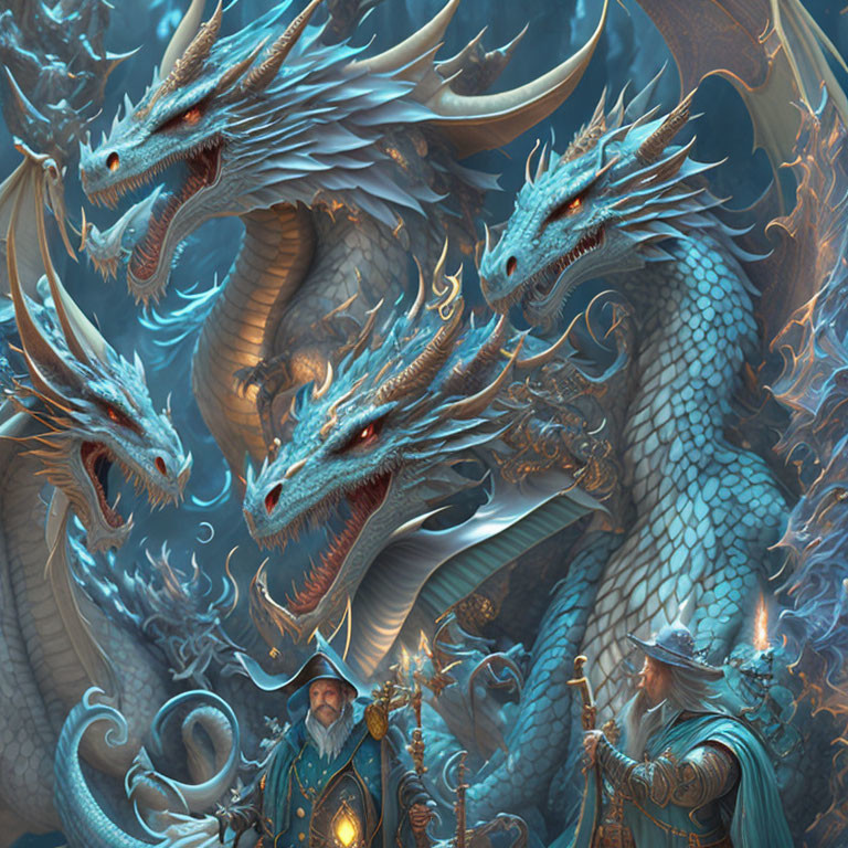 Fantastical image of blue dragons with swirling horns and a regally dressed man amidst mystical blue flames