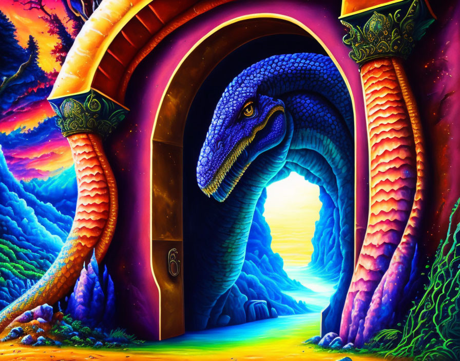 Majestic blue dragon in ornate doorway with colorful landscape