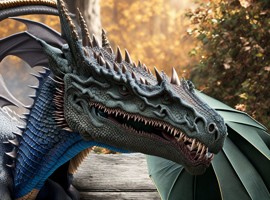 Detailed Blue and Green Dragon with Spikes in Autumnal Forest