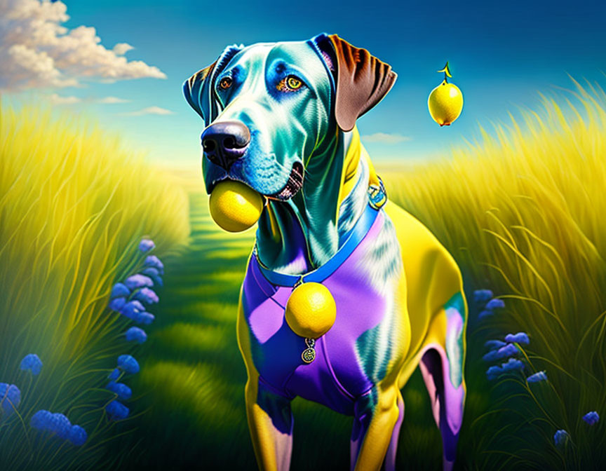 Colorful Dog Illustration with Blue Eyes and Unique Outfit in Field Scene