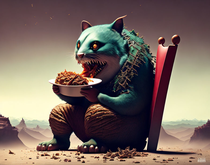 Blue cat-like creature on throne with sharp teeth and food bowl