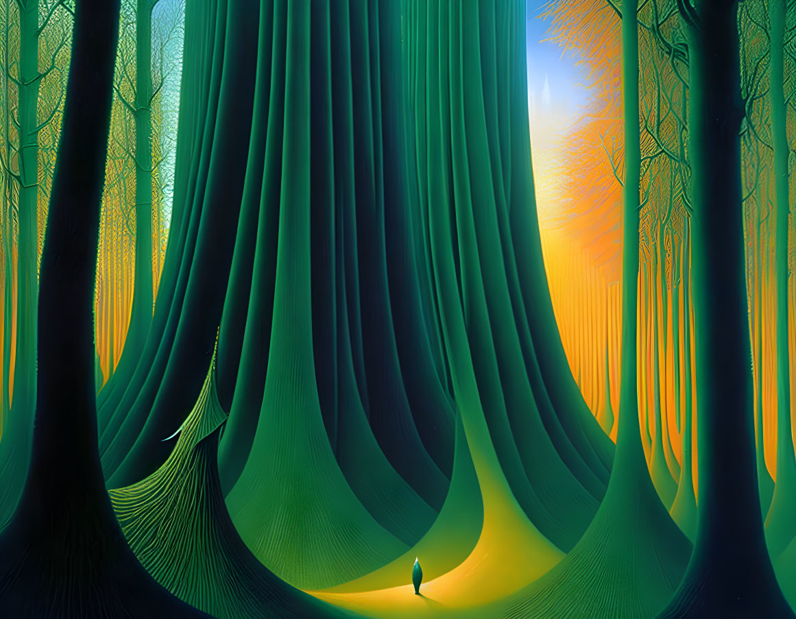 Solitary figure in lush green forest with giant trees and gradient sky