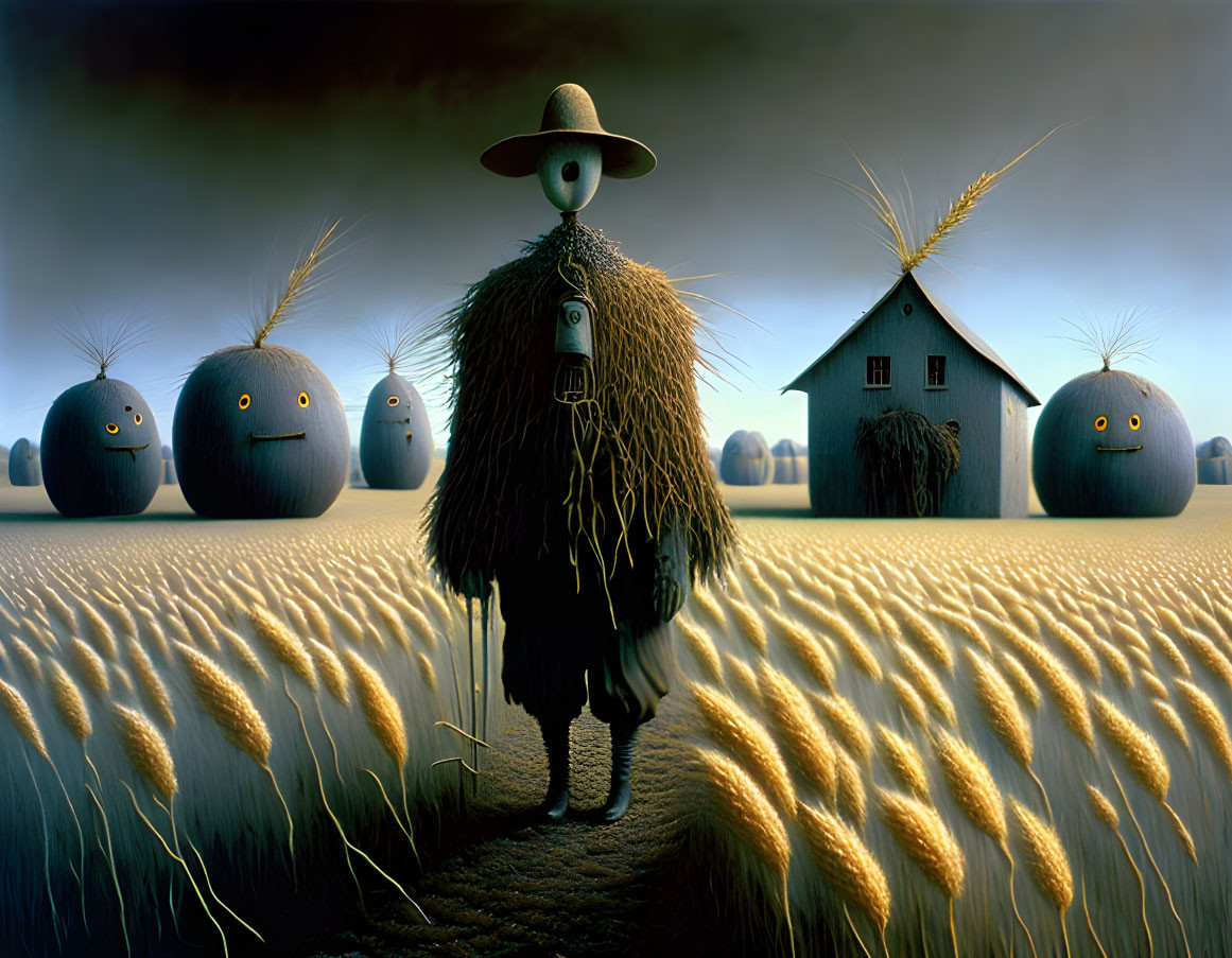 Whimsical scarecrow and hay bales in wheat field at dusk