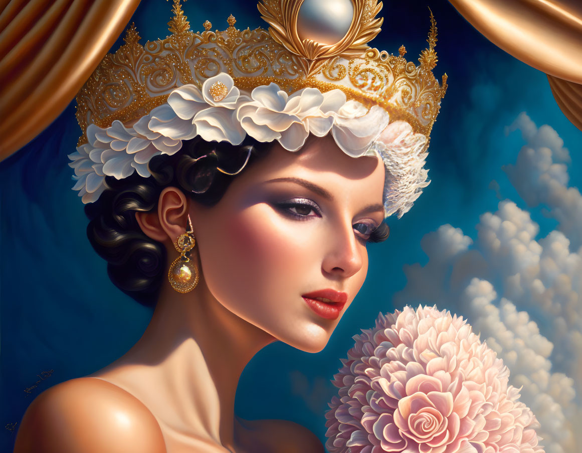 Woman with Golden Crown and Pink Flower Against Cloudy Sky