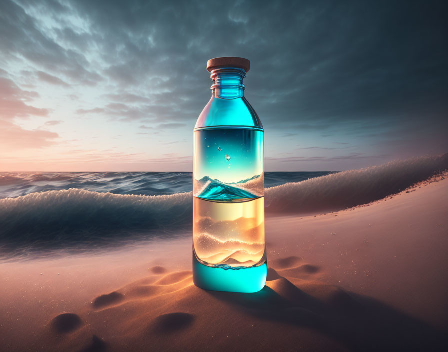 Transparent Bottle on Beach with Mini Ocean Scene at Sunset