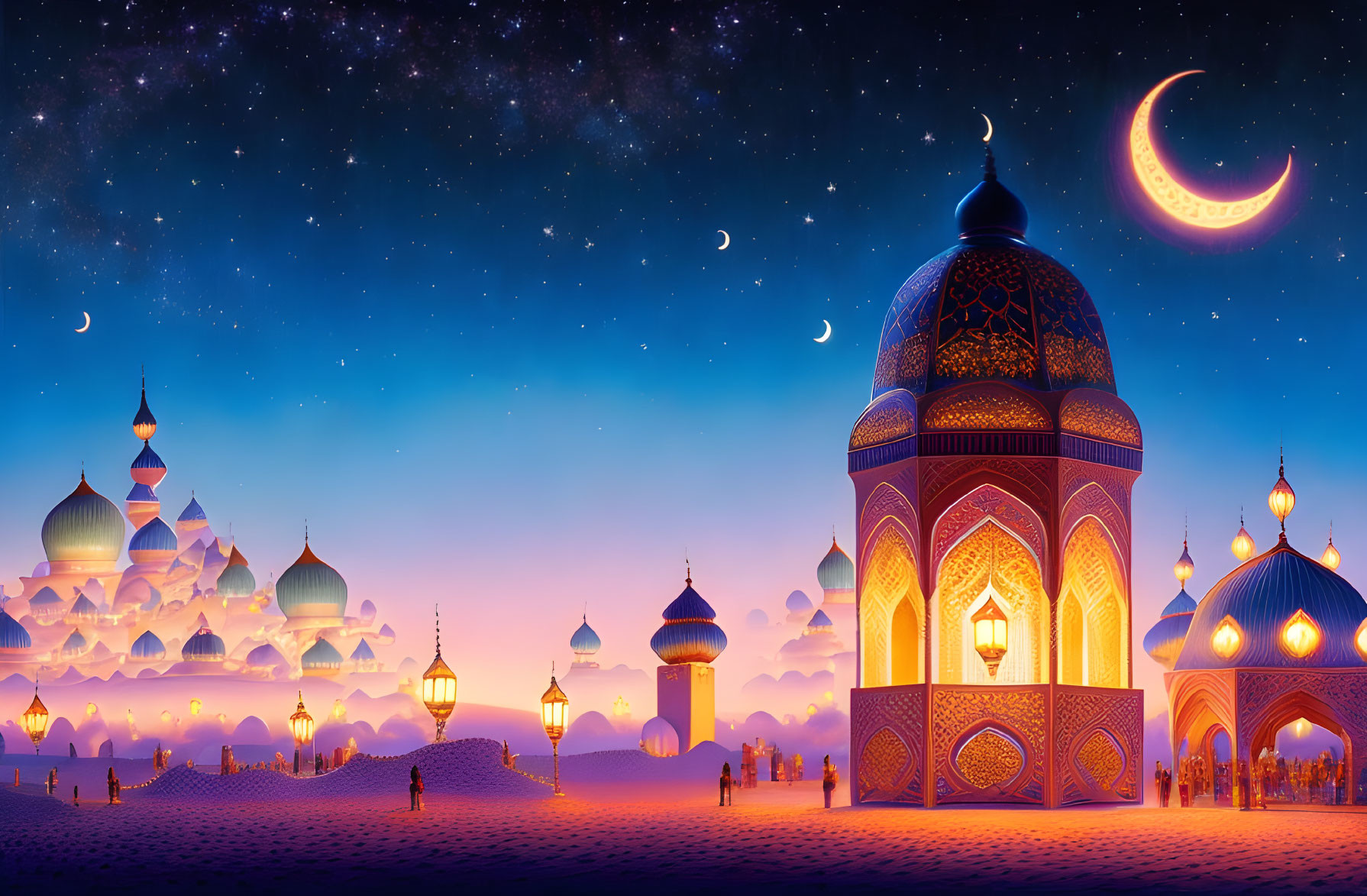 Enchanting Arabian Night Scene with Domes, Moons, Lanterns