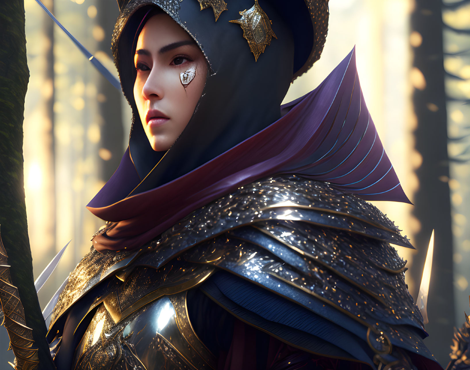 Digital artwork: Woman in ornate armor with helmet in golden-lit forest