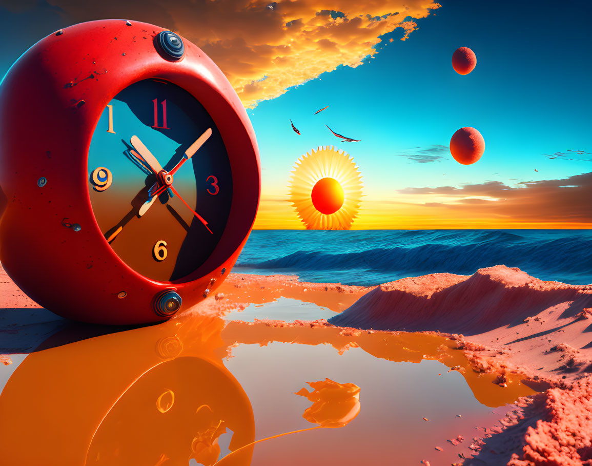 Surreal beach scene with melting clock and multiple suns