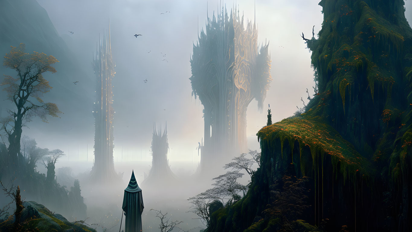 Misty forest fantasy landscape with towering spires