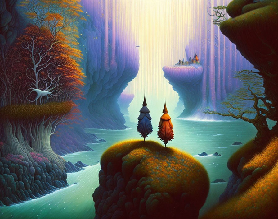 Vibrant Fantasy Landscape with Two Robed Figures among Luminous Colors