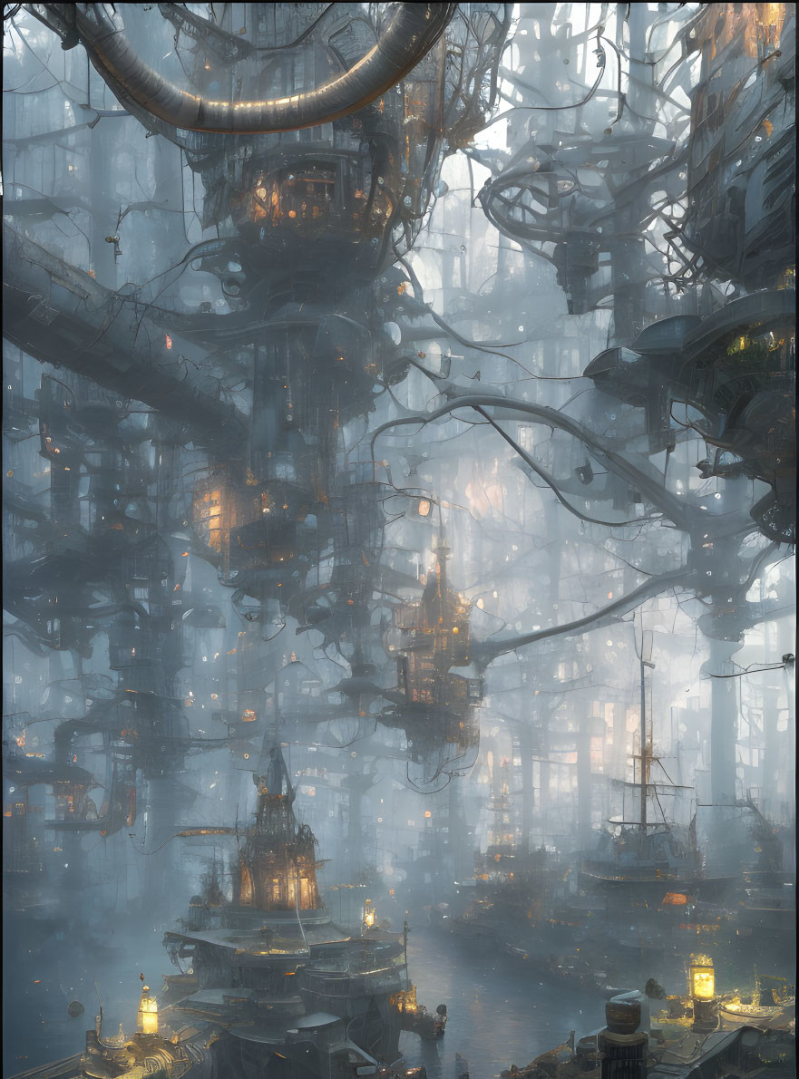 Misty industrial scene with towering structures and ships docked in a dystopian setting