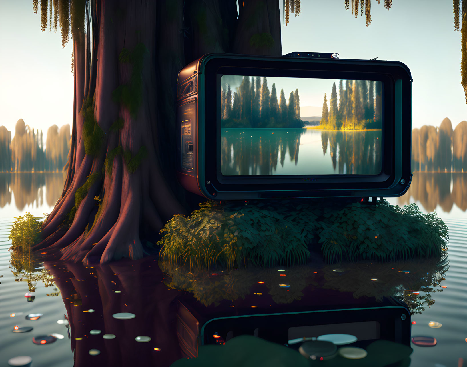 Vintage Television Set Reflecting Nature by Tranquil Lake